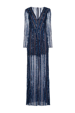 VESTIDO LONGO BORDADO CRYSTAL EMBROIDERY AZUL