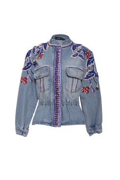 Jaqueta denim bomber gilly flower azul