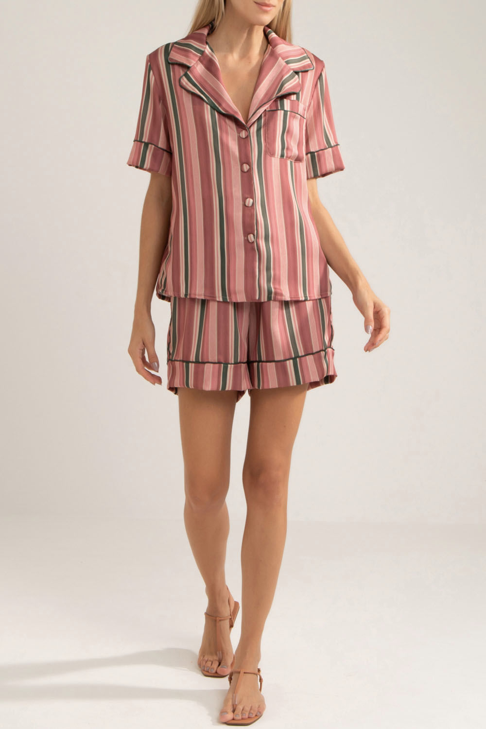 PIJAMA LISTRADO VINTAGE CURTO ROSA