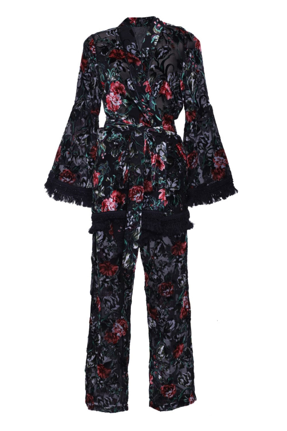 PIJAMA LONGO KIMONO VELUDO DEVORÊ PRETO