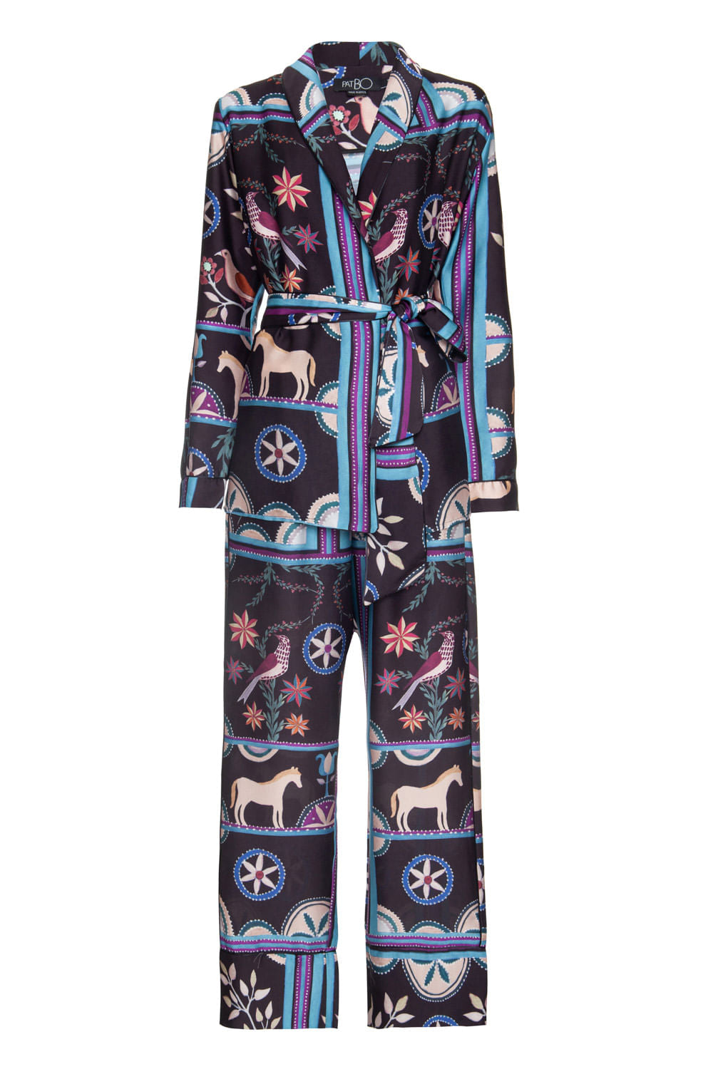 Pijama longo kimono cordel étnico preto