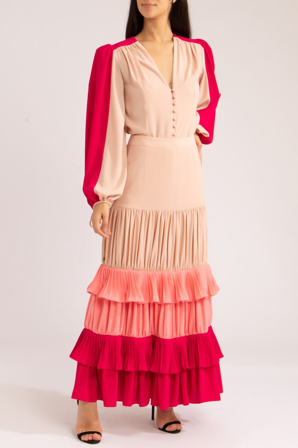 Saia longa babados silky gaivota
rosa