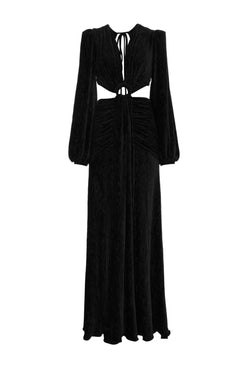 VESTIDO LONGO RECORTES VELUDO PLISSADO
PRETO