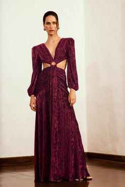 VESTIDO LONGO RECORTES VELUDO PLISSADO
VINHO
