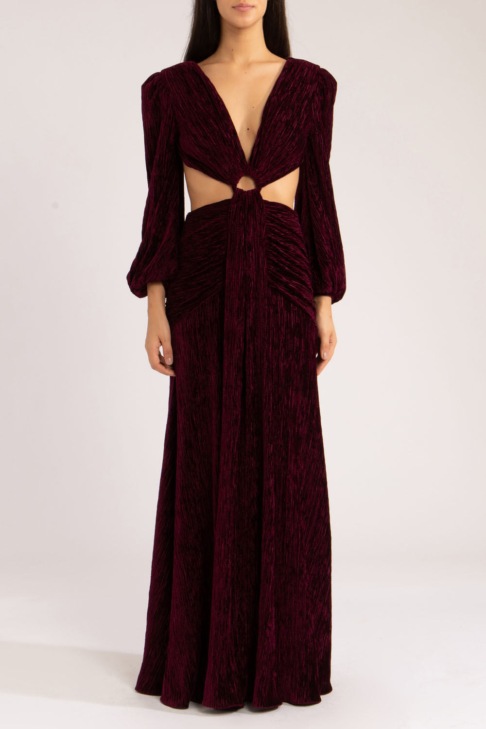 VESTIDO LONGO RECORTES VELUDO PLISSADO
VINHO