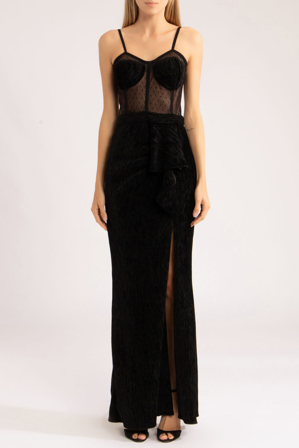 VESTIDO LONGO CORSET VELUDO PLISSADO
PRETO