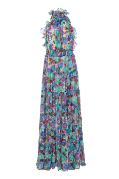 Vestido longo frente única cotton flowers azul