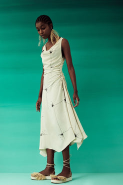 VESTIDO MÍDI ASSIMÉTRICO DECOTE DEGAGÊ - AP03 AVEIA
