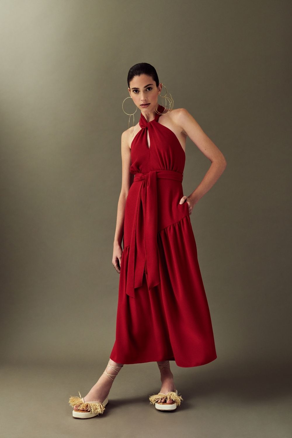 VESTIDO MÍDI BABADO FRENTE ÚNICA VERMELHO