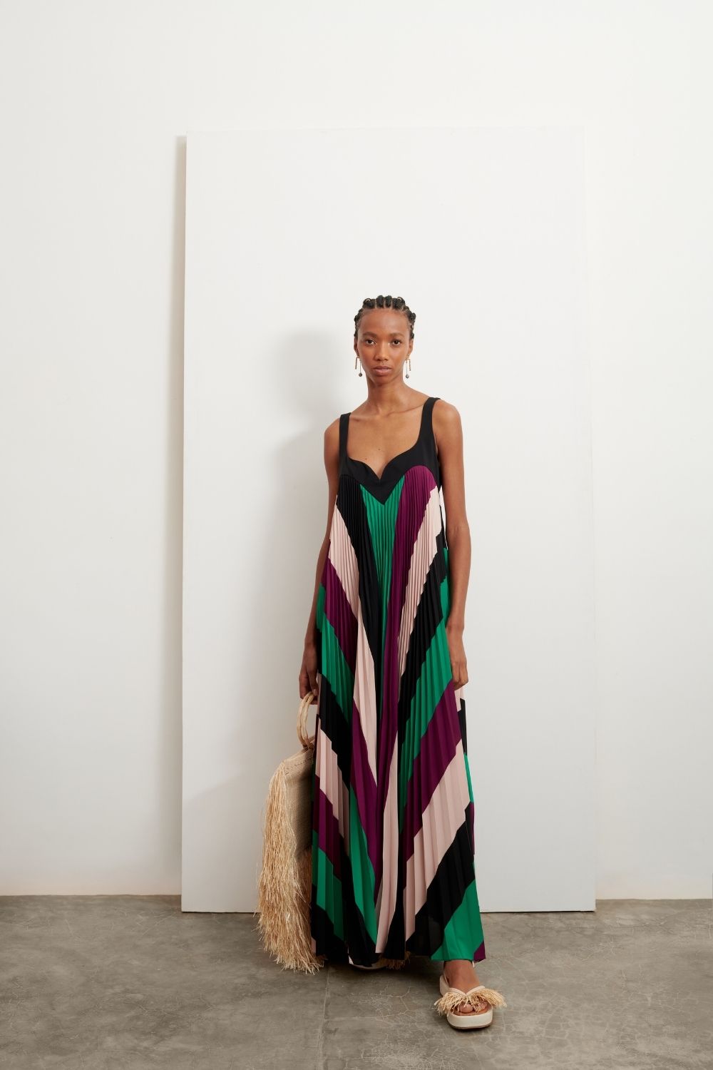 VESTIDO LONGO PLISSADO LISTRAS UNICA