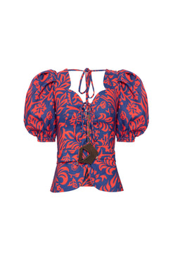 Top cropped fivela tropical gráfico azul