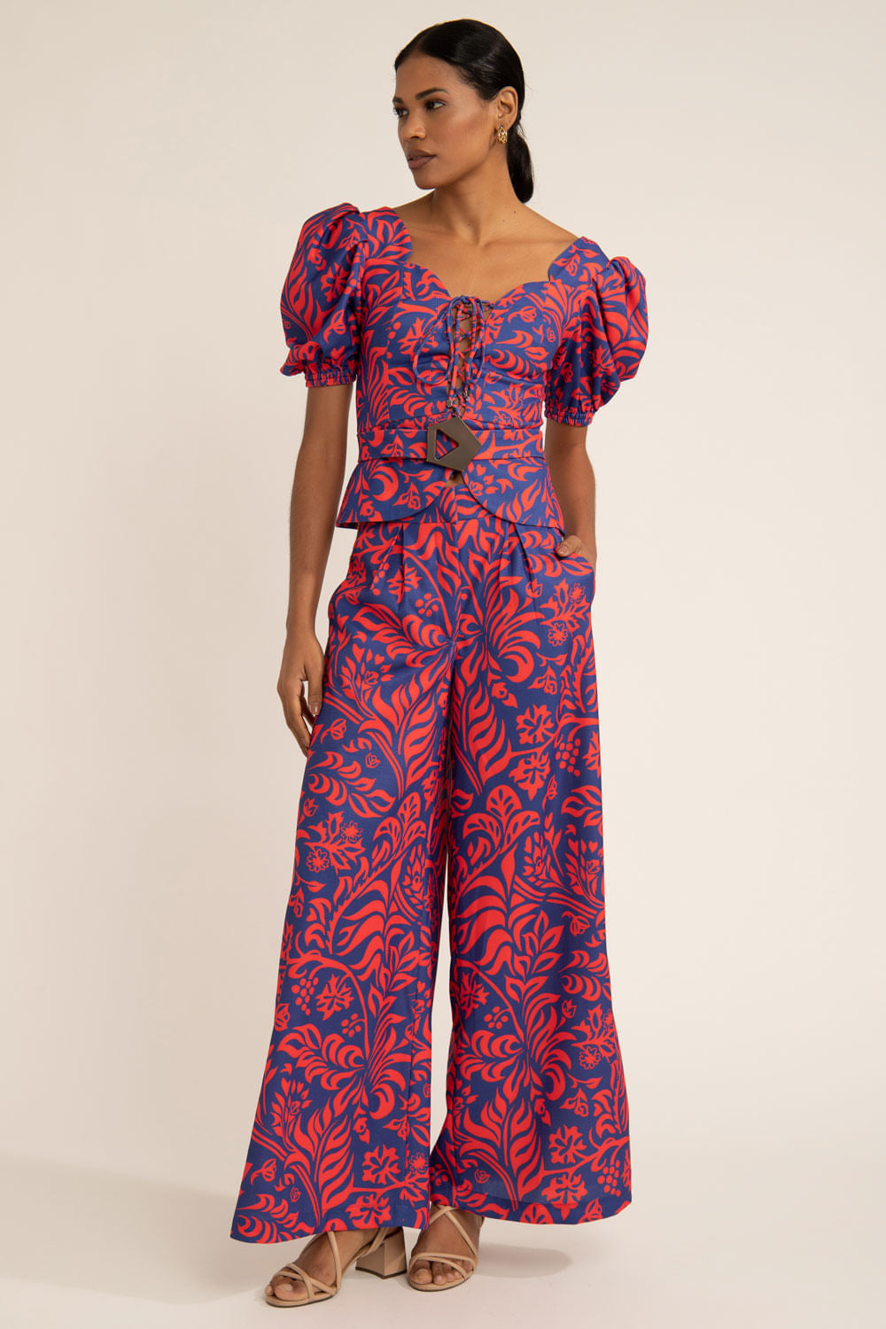 Calça ampla tropical gráfico azul