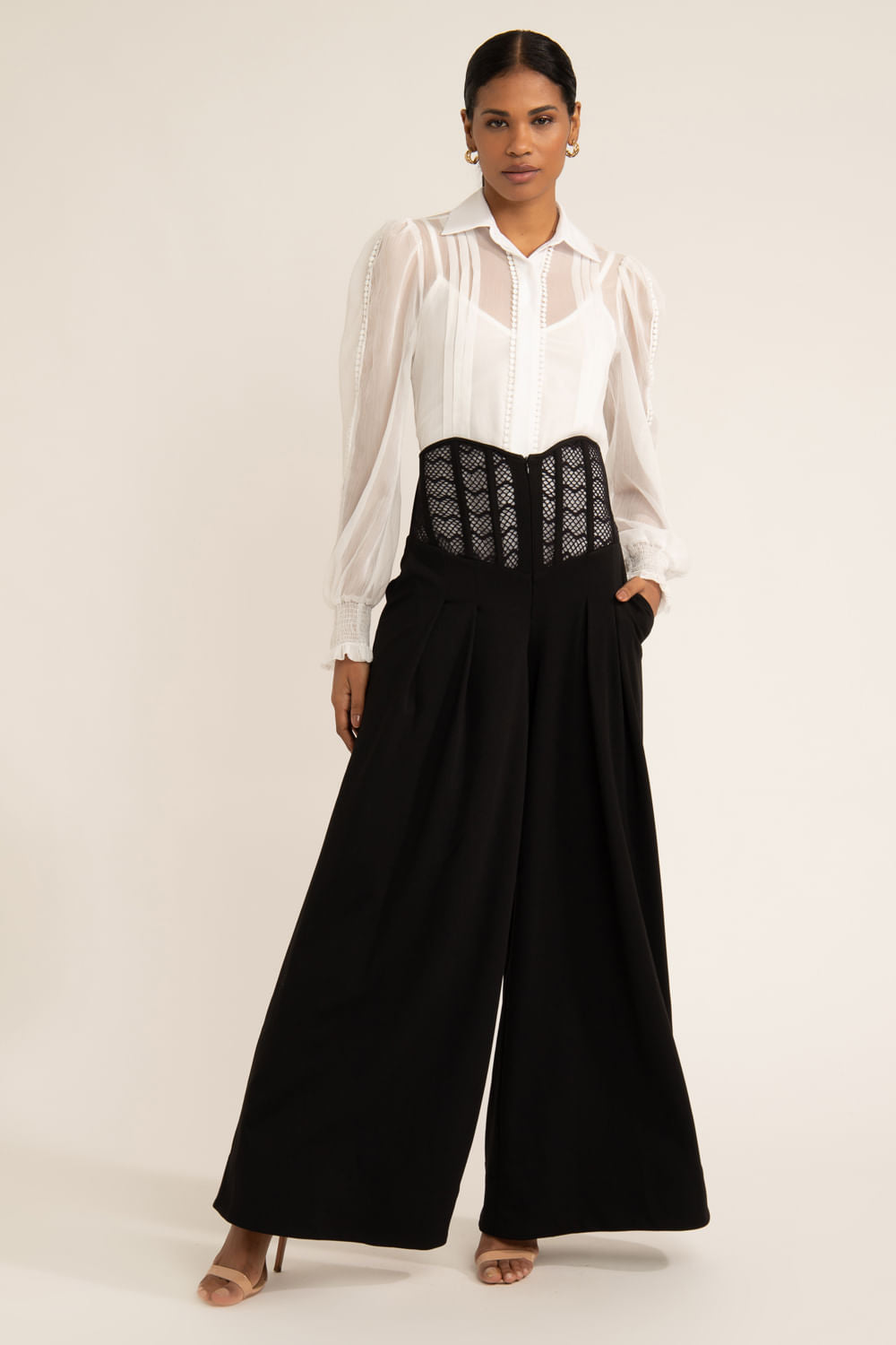 CALÇA COM CORSET DE CREPE E TELA PRETO
