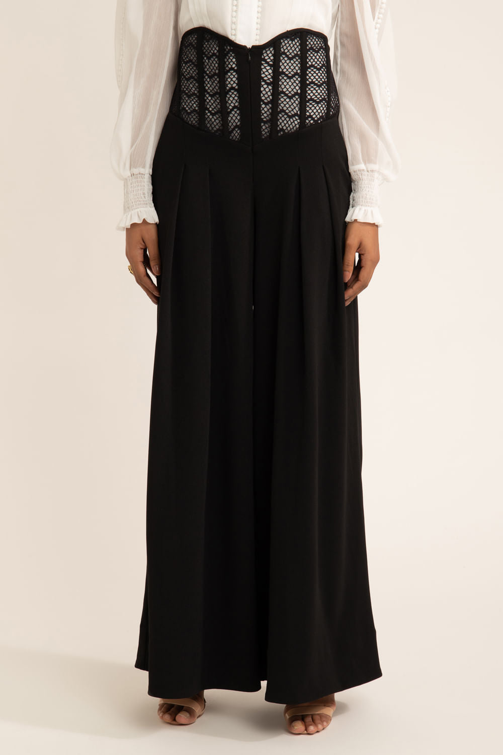 CALÇA COM CORSET DE CREPE E TELA PRETO