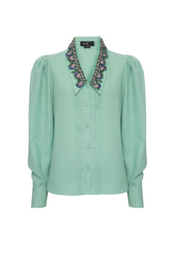 Camisa linho gola bordada verde