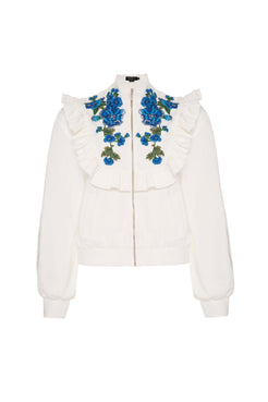 Casaco bordado babado zíper off white