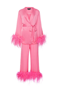 CONJUNTO PIJAMA CETIM LANVIN COM PLUMAS ROSA