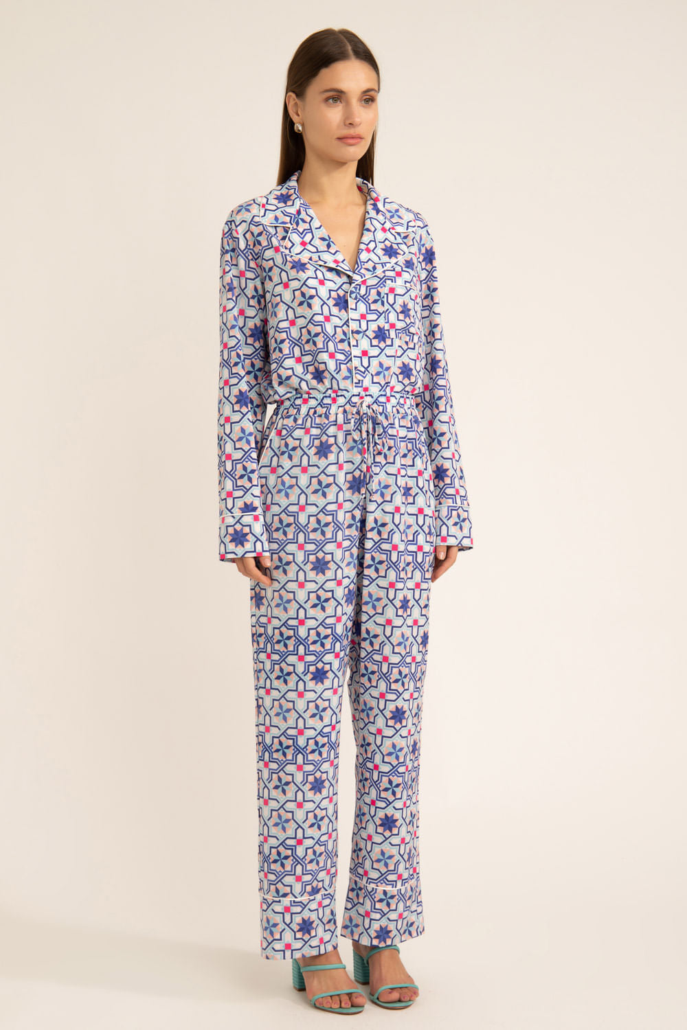 Pijama longo geométrico sochi off white