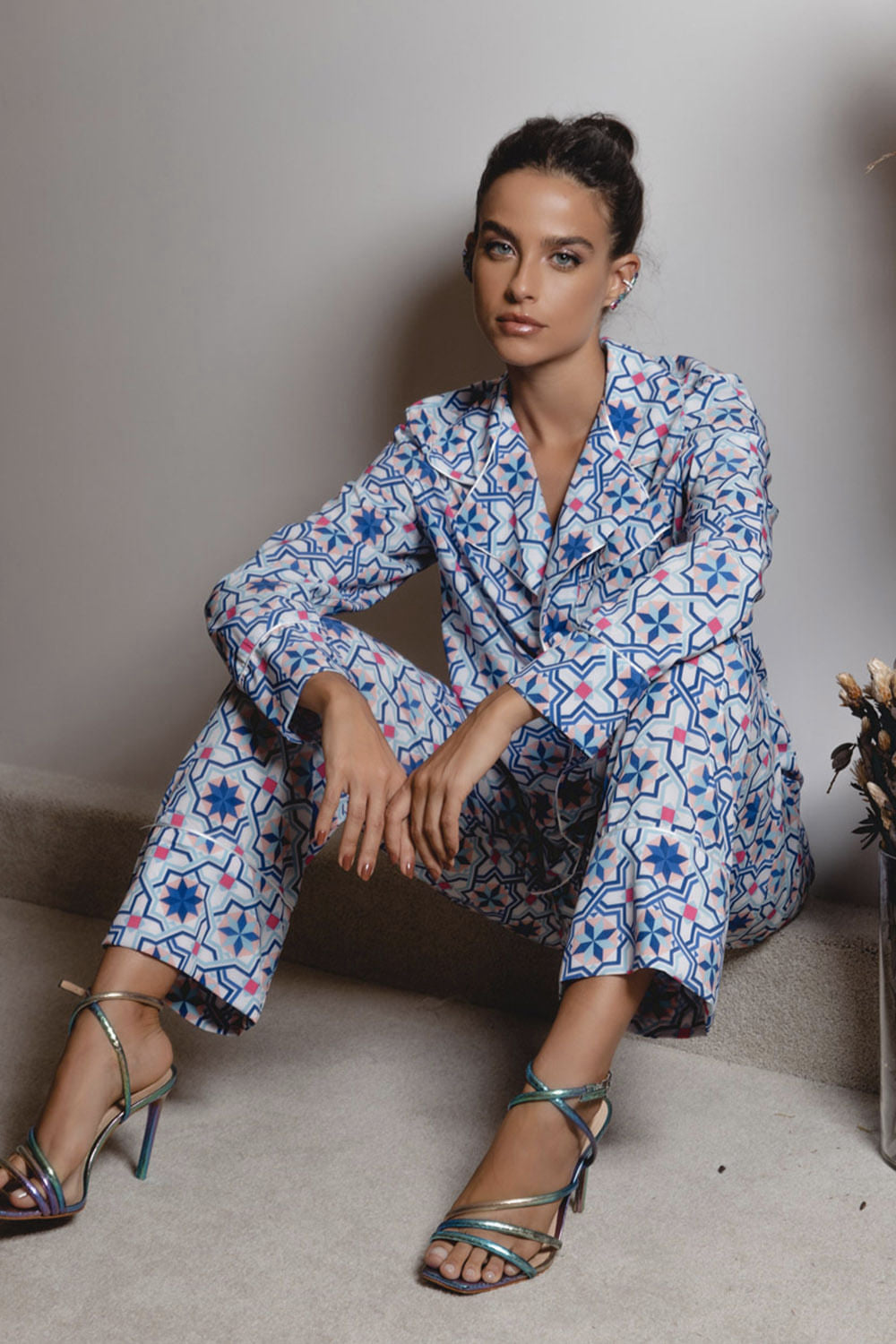 Pijama longo geométrico sochi off white