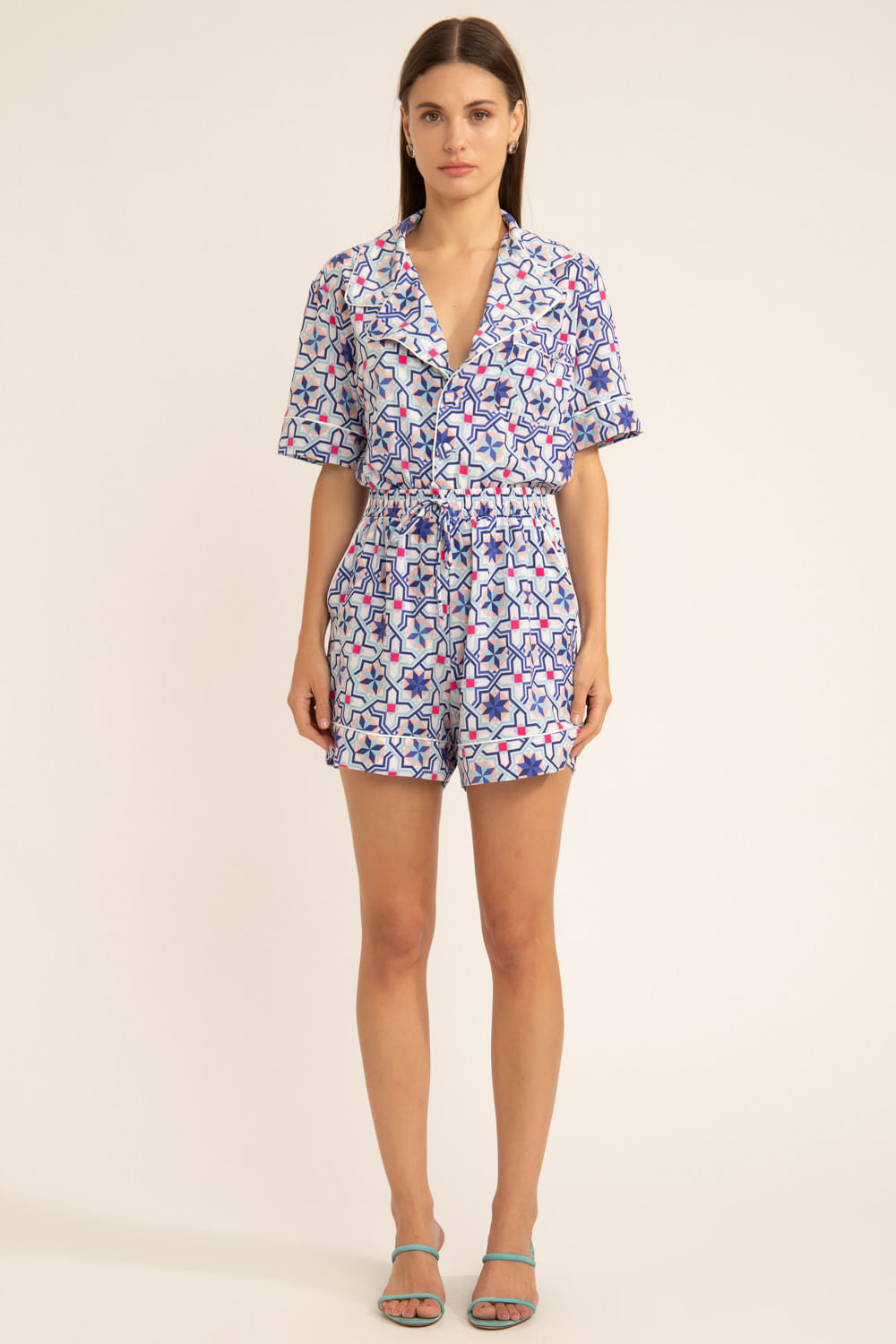 Pijama curto geométrico sochi off white