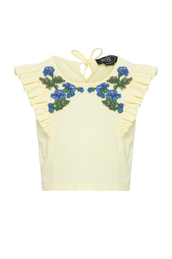 T-shirt infantil bordada babado amarelo