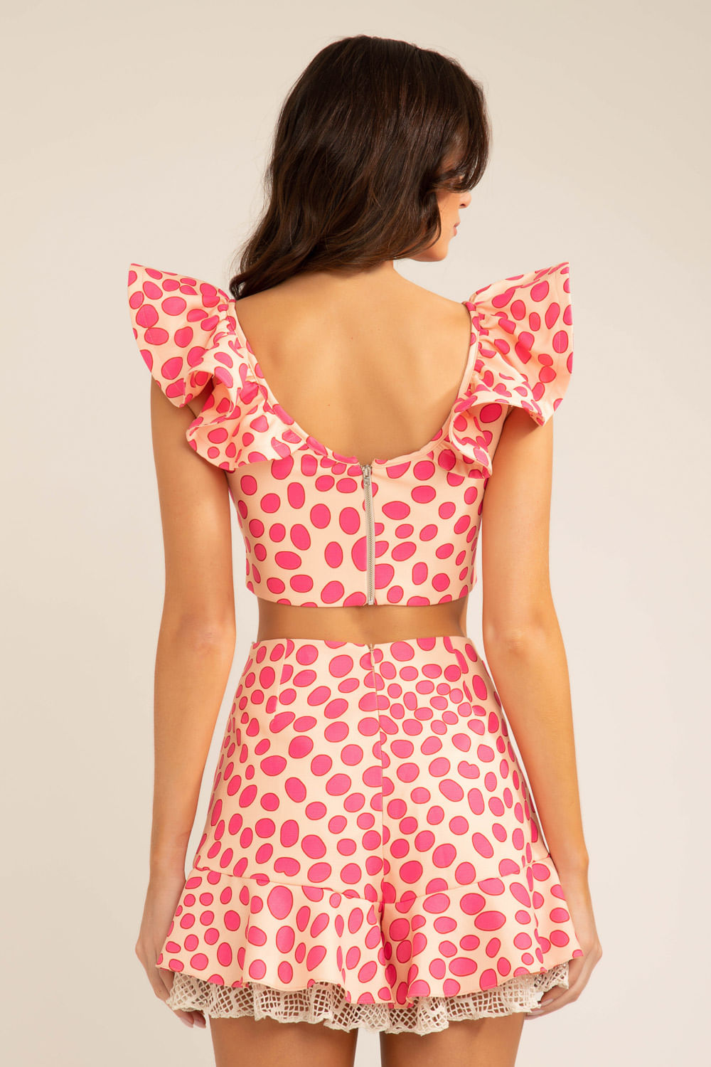 Top babado poá bossa rosa