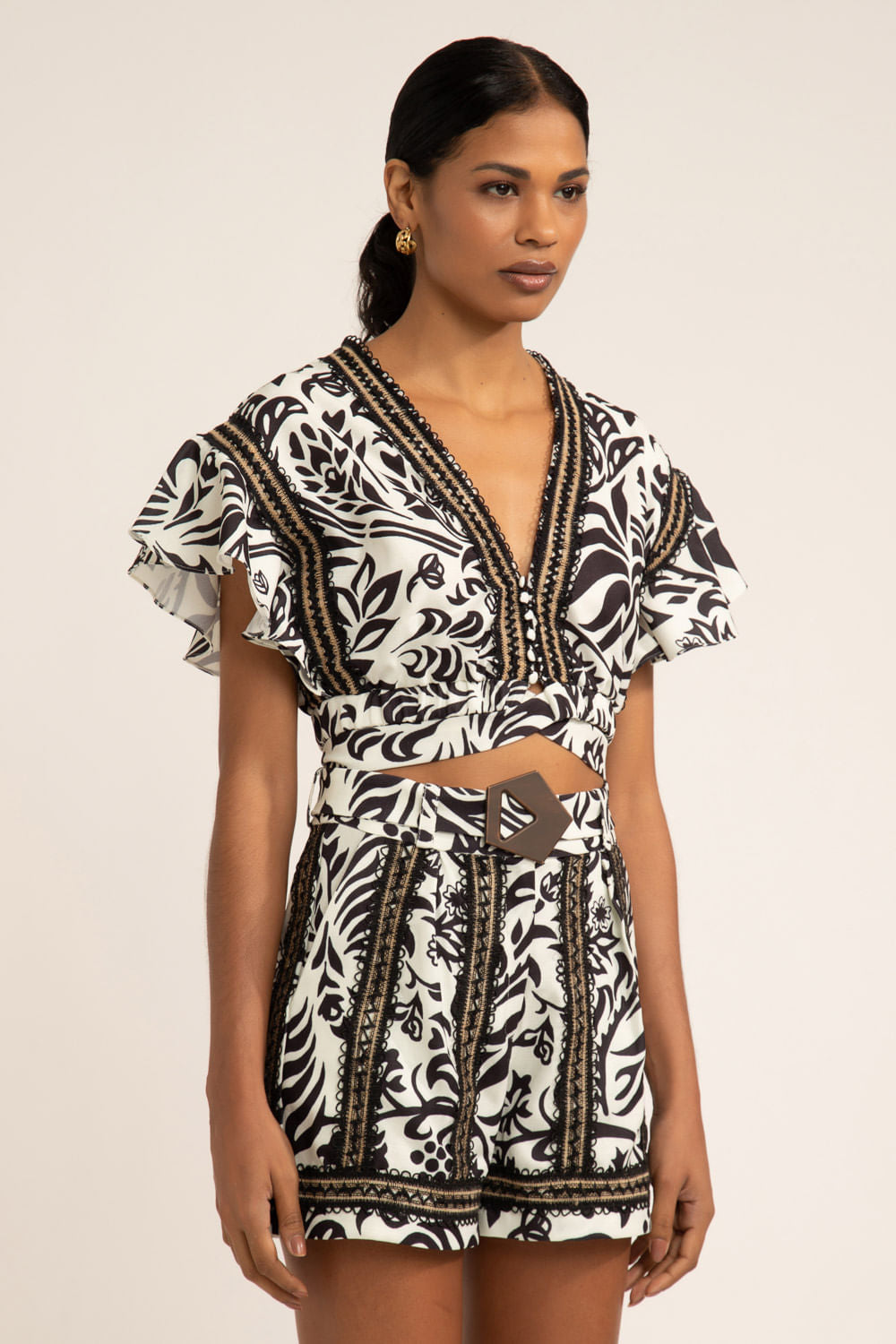 Top cropped amarração tropical gráfico off white