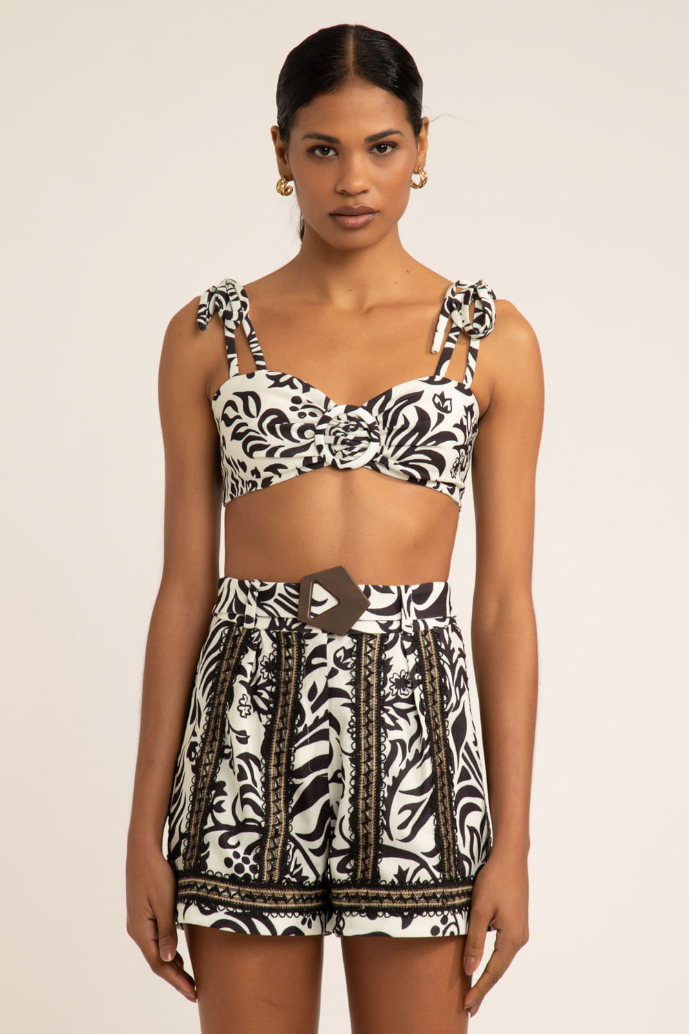 Top alça amarração tropical gráfico off white