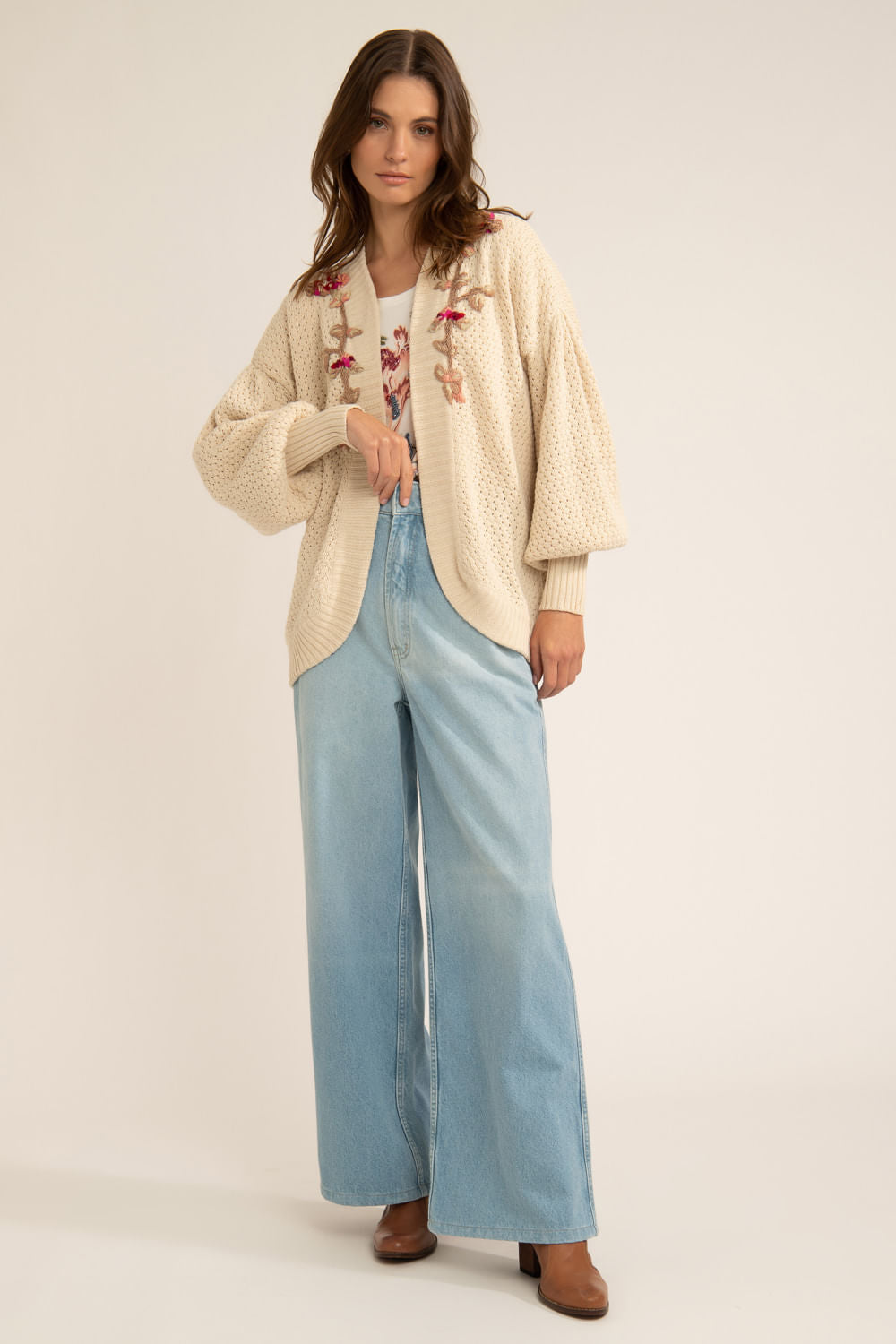 CARDIGAN ABERTO BORDADO TRICOT GYPSY OFFWHITE