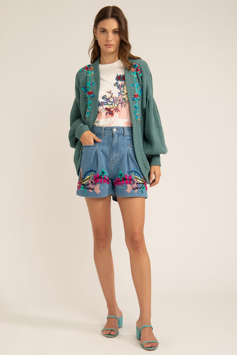 CARDIGAN ABERTO BORDADO TRICOT GYPSY VERDE
