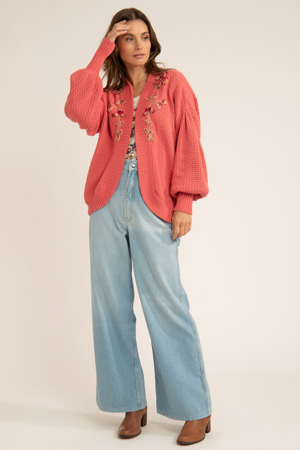 CARDIGAN ABERTO BORDADO TRICOT GYPSY ROSA