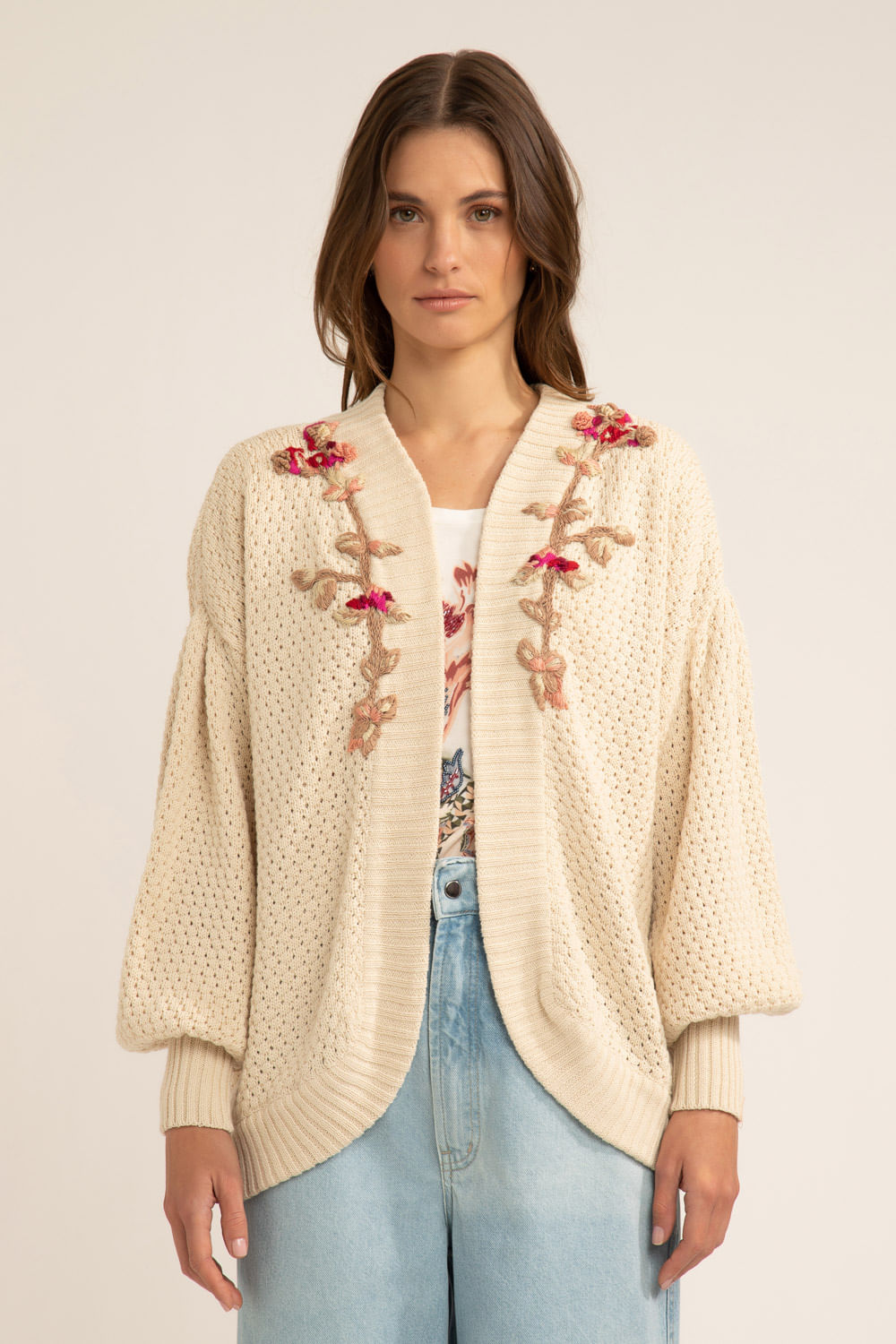 CARDIGAN ABERTO BORDADO TRICOT GYPSY OFFWHITE