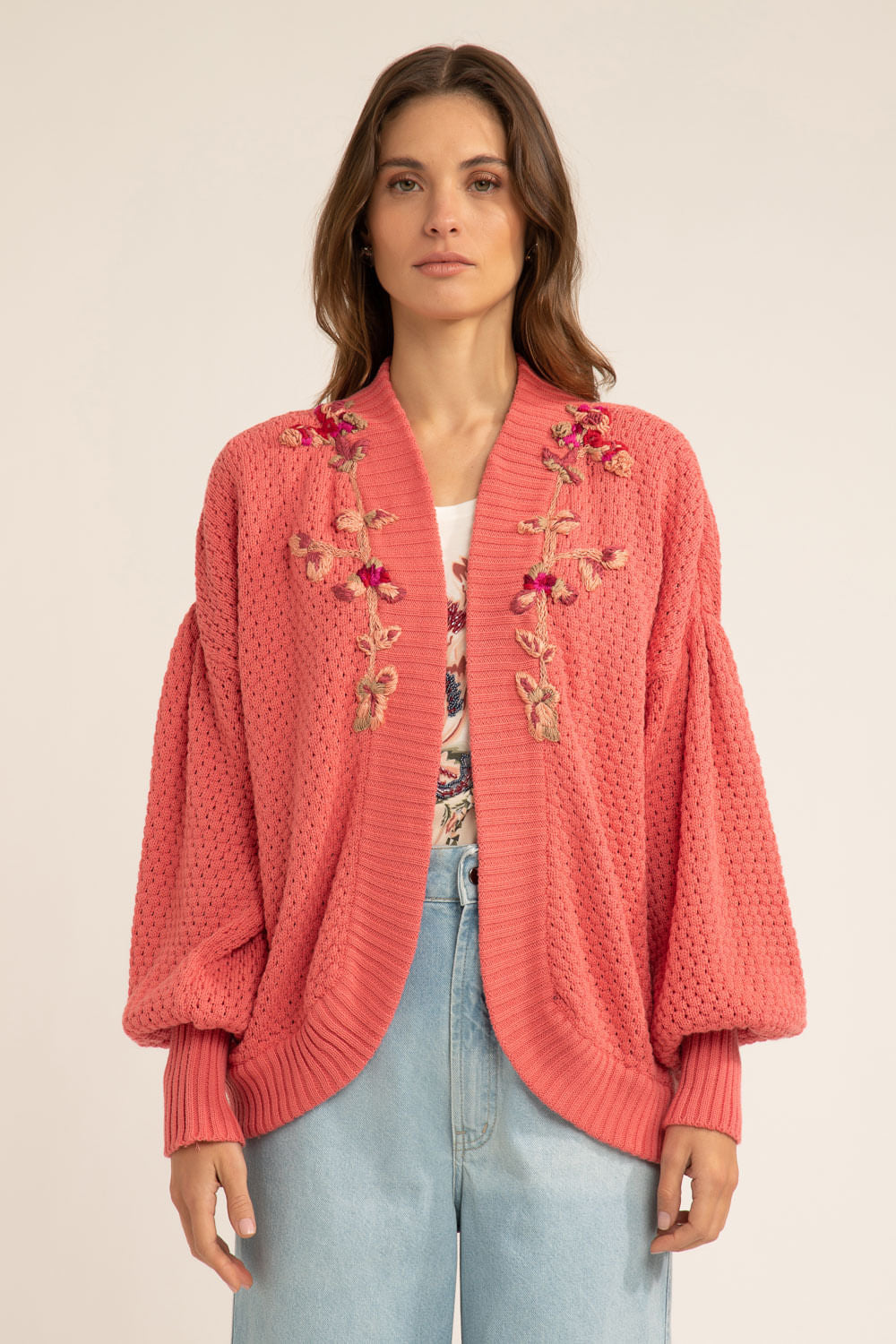 CARDIGAN ABERTO BORDADO TRICOT GYPSY ROSA