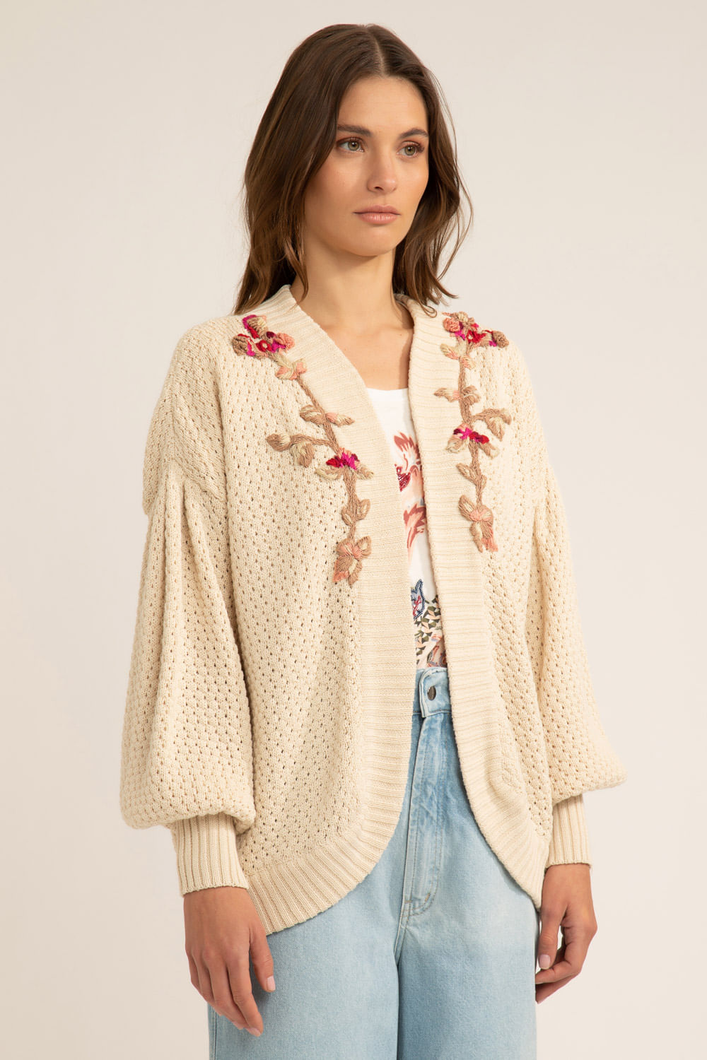 CARDIGAN ABERTO BORDADO TRICOT GYPSY OFFWHITE