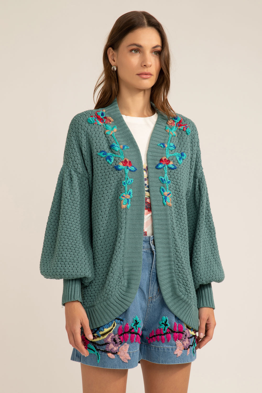 CARDIGAN ABERTO BORDADO TRICOT GYPSY VERDE