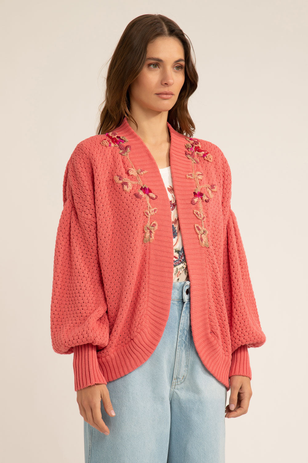 CARDIGAN ABERTO BORDADO TRICOT GYPSY ROSA