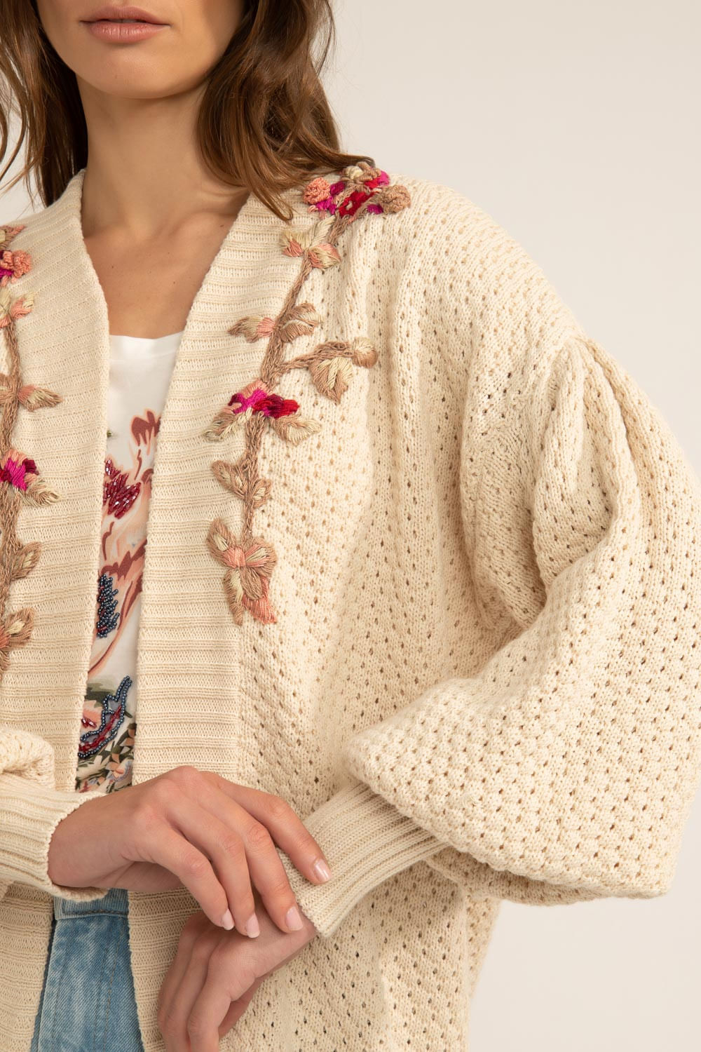 CARDIGAN ABERTO BORDADO TRICOT GYPSY OFFWHITE