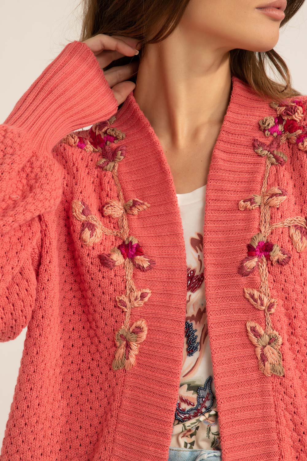 CARDIGAN ABERTO BORDADO TRICOT GYPSY ROSA