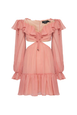Vestido curto recortes silky plissê rosa