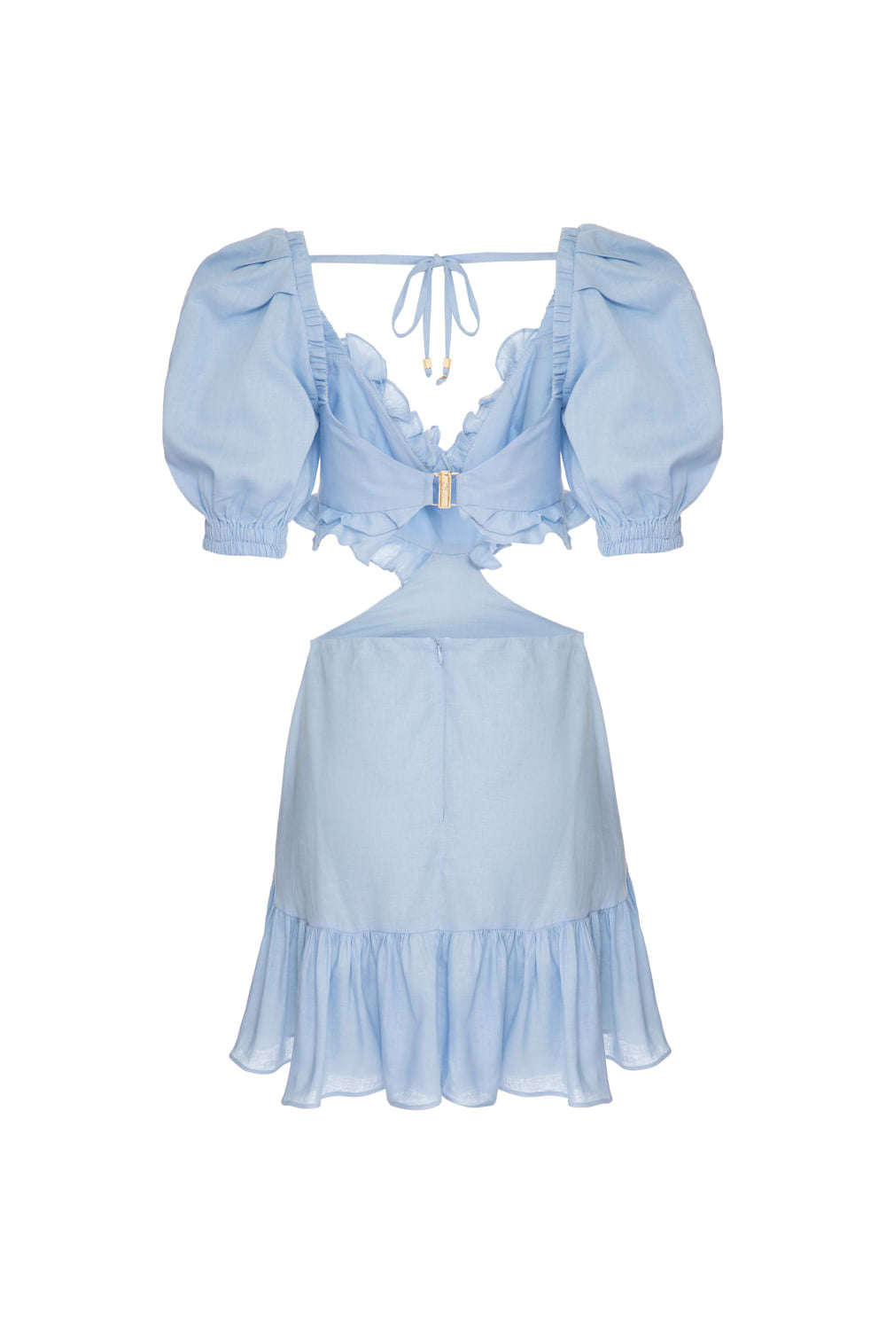 VESTIDO CURTO BABADO LINHO AZUL