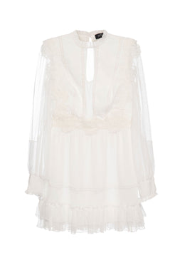 VESTIDO CURTO TULE POÁ SILKY PLISSÊ OFF WHITE