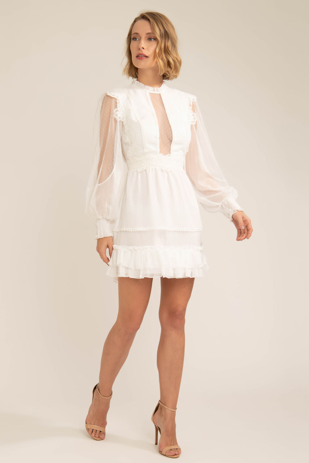 VESTIDO CURTO TULE POÁ SILKY PLISSÊ OFF WHITE