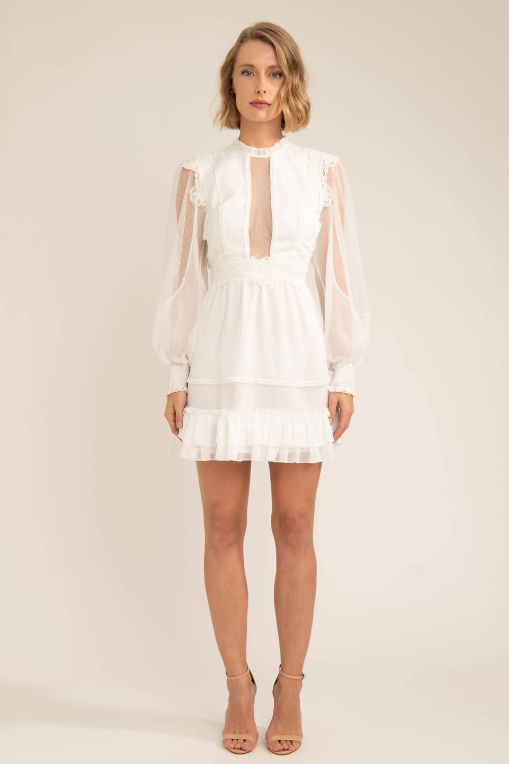 VESTIDO CURTO TULE POÁ SILKY PLISSÊ OFF WHITE