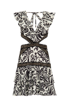 Vestido curto entremeio tropical gráfico off white