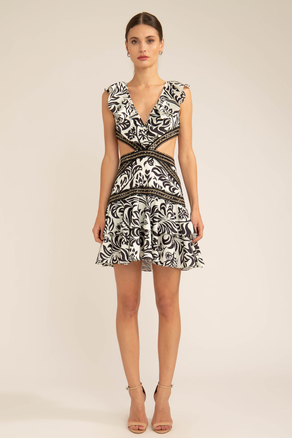 Vestido curto entremeio tropical gráfico off white