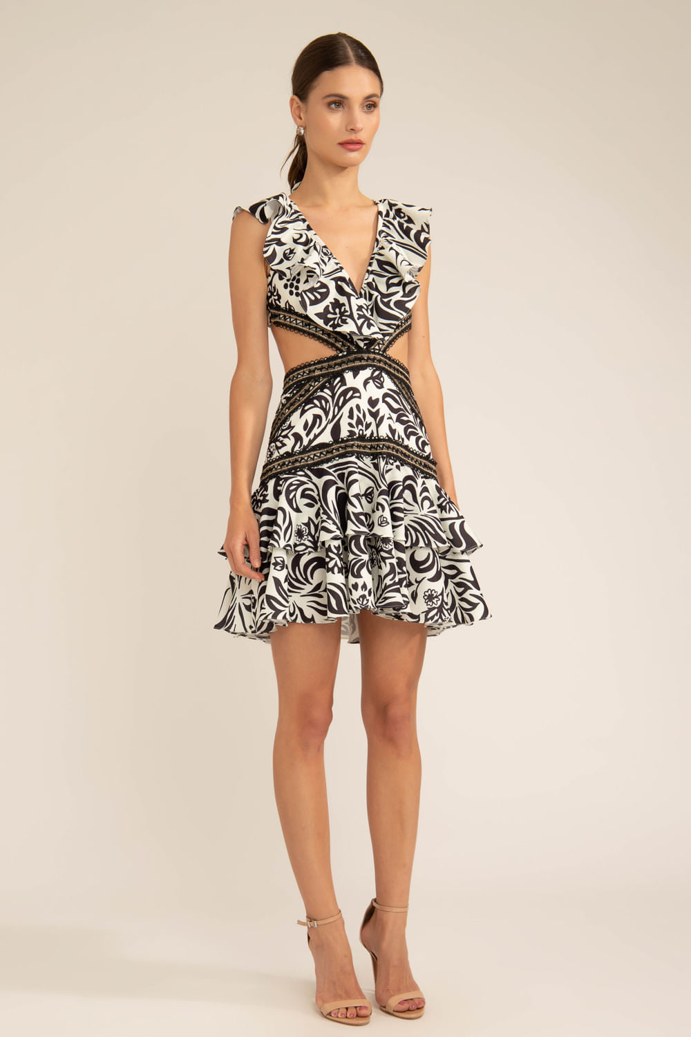 Vestido curto entremeio tropical gráfico off white