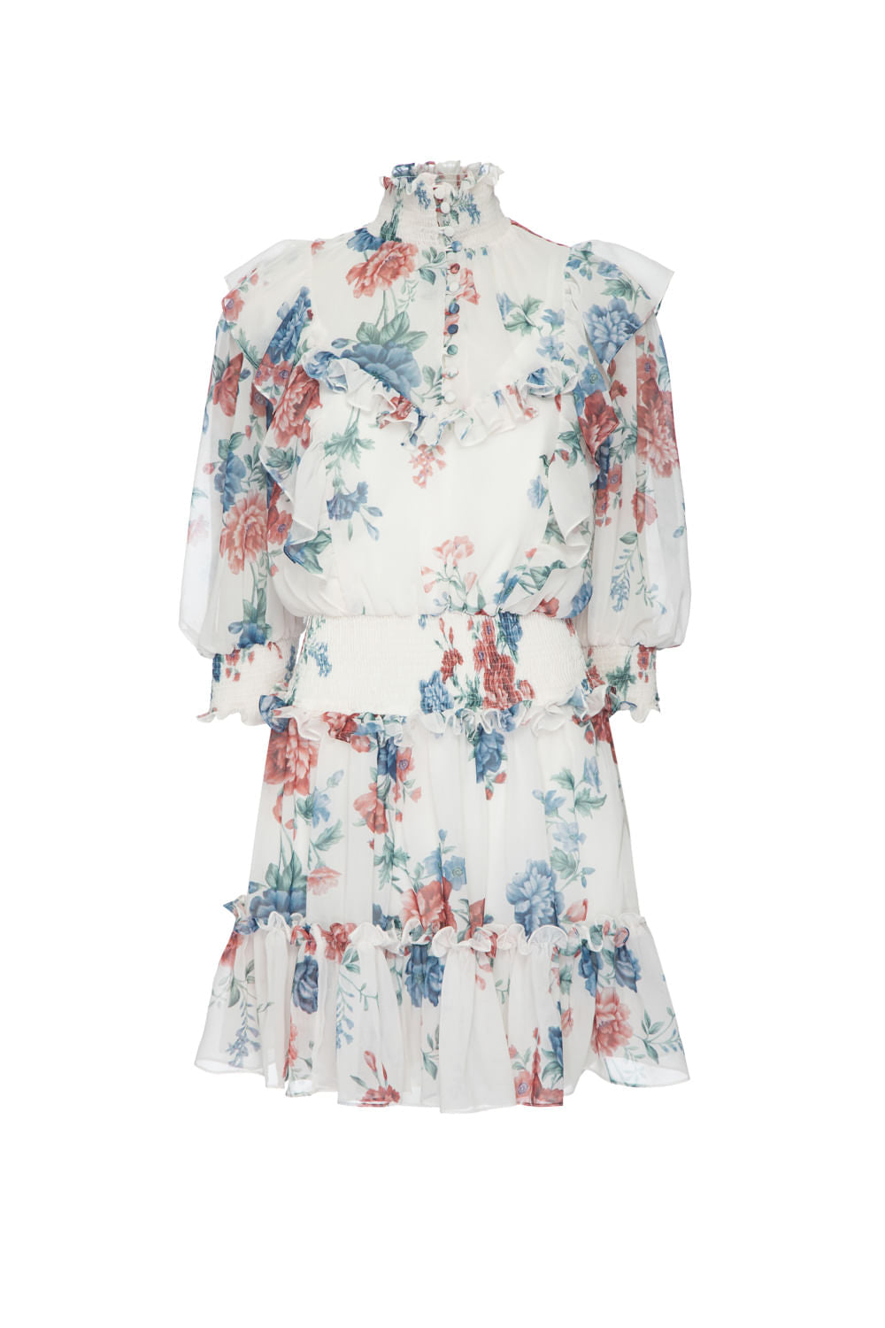 VESTIDO CURTO BABADO FLORAL OLGA OFF WHITE