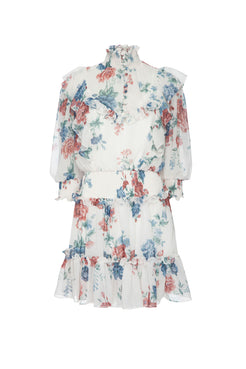 VESTIDO CURTO BABADO FLORAL OLGA OFF WHITE