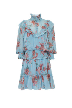 VESTIDO CURTO BABADO FLORAL OLGA AZUL