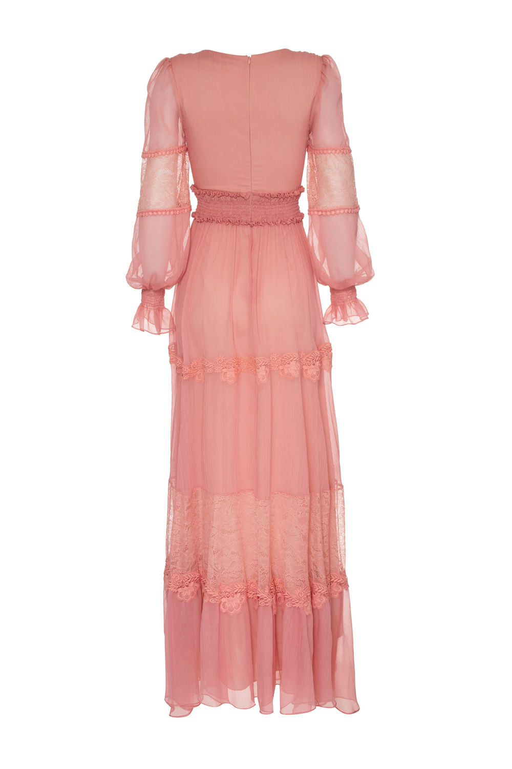 VESTIDO LONGO MANGA RENDA SILKY PLISSÊ ROSA